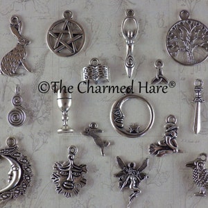 16 amuletos paganos variados, juego de amuletos de plata wiccan, colgantes, pentagrama, diosa lunar, liebre, cuervo, suministros para joyería, vendedor del Reino Unido