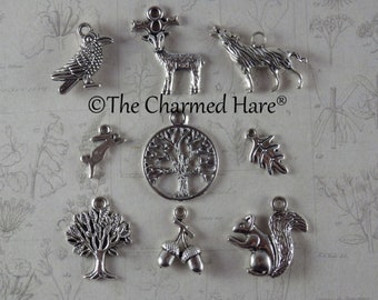 9 x Woodland Forest Charms Pendants, Silver Nature Wiccan Pagan Bracelet Charms, 3D Animal Necklace Pendants, Jewellery Making Supplies UK