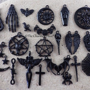24 x Black Pagan Gothic Charms, Witchy Pendants, Victorian Goth Necklace Pendants, Enamel Mixed Charms Set, Occult Jewelry Making