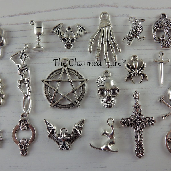 20 x Gothic Witchy Charms, Mixed Wiccan Pagan Silver Pendant Set, Bracelet Charms, Pentagram Cross Skull Skeleton Raven, Crafts UK