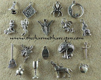 18 x Fairy Tale & Fantasy Mixed 3D Charms Set, Silver Pendants, Bulk Bracelet Charms, Witch Cauldron Fairy Wolf Dragon, UK