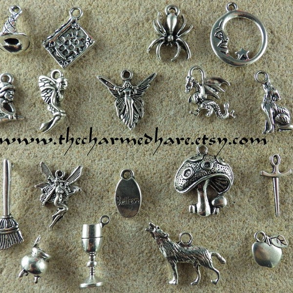 18 x Fairy Tale & Fantasy Mixed 3D Charms Set, Silver Pendants, Bulk Bracelet Charms, Witch Cauldron Fairy Wolf Dragon, UK