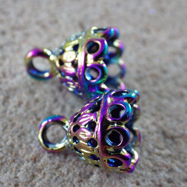 2 x Rainbow Titanium Plated Filigree 8mm Bead Caps, Quality Bails, Bell End Caps, Jewellery Findings, Jewelry Making Supplies, UK