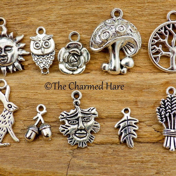 10x Nature Pagan Wiccan Charms Pendants, Silver Earring Bracelet Charms, Woodland Forest Green Man Hare, Jewellery Making Supplies UK