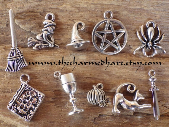 10 X Mixed Witch Charms Pendants, Silver Wiccan Pagan Charms Set