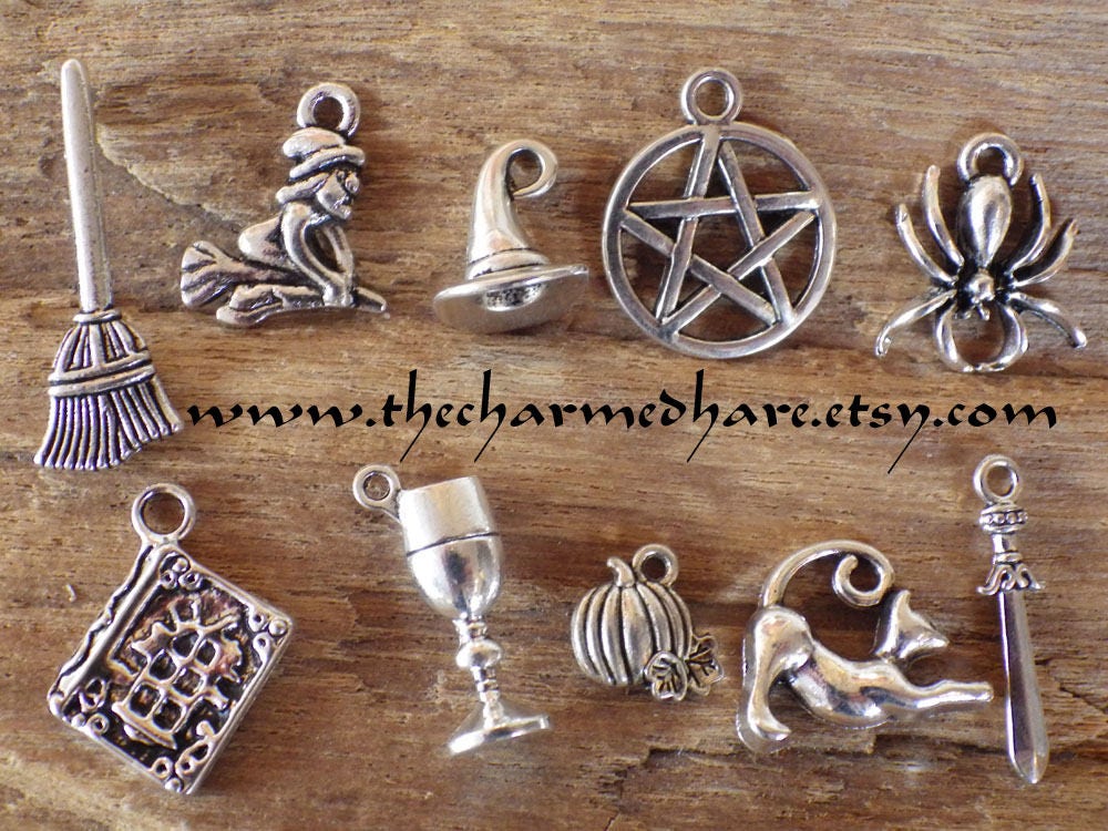10 Assorted Wiccan Witch Charms Charms Pentagram Pendant Gift Pagan Chalice  Craft Halloween Witches Cat Book of Shadows 