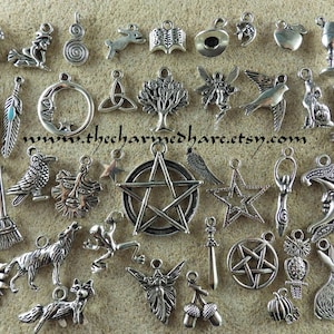 41 X BULK Mixed Pagan Charms, Wholesale Wiccan Silver Pendants Set, Bracelet  Charms, Pentagram Moon Goddess Hare Raven, Jewelry Supplies, UK 