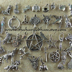 41 x BULK Mixed Pagan Charms, Wholesale Wiccan Silver Pendants Set, Bracelet Charms, Pentagram Moon Goddess Hare Raven, Jewelry Supplies, UK