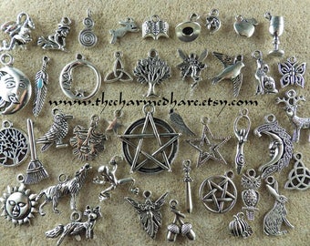41 x BULK Mixed Pagan Charms, Wholesale Wiccan Silver Pendants Set, Bracelet Charms, Pentagram Moon Goddess Hare Raven, Jewelry Supplies, UK