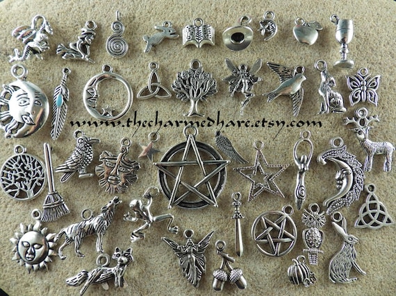 41 X BULK Mixed Pagan Charms, Wholesale Wiccan Silver Pendants Set,  Bracelet Charms, Pentagram Moon Goddess Hare Raven, Jewelry Supplies, UK 