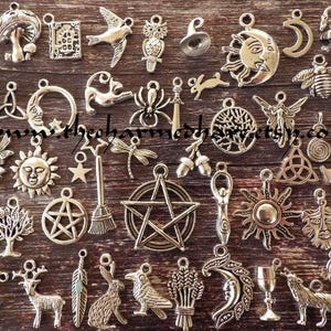 50 x Wholesale Bulk Pagan Charms, Mixed Wiccan Gothic Wicca Silver Pendants Set, Bracelet Charms, Pentagram Moon Goddess Hare Raven, UK