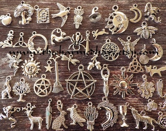 50 x Wholesale Bulk Pagan Charms, Mixed Wiccan Gothic Wicca Silver Pendants Set, Bracelet Charms, Pentagram Moon Goddess Hare Raven, UK