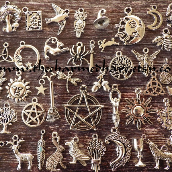 50 x Pagan & Wiccan Bracelet Charms, Wholesale Mixed Silver Gothic Wicca Pendants, Pentacle Pentagram Moon Goddess Hare Raven UK C2