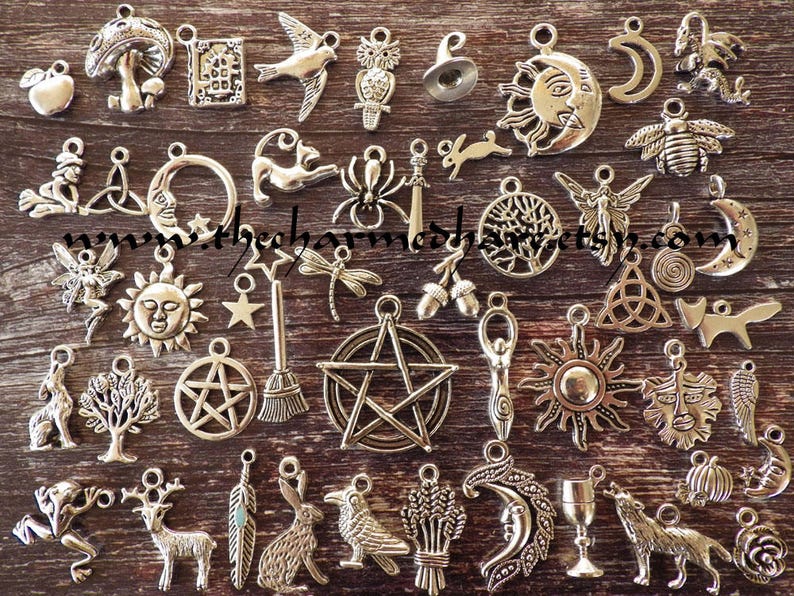 50 x Wholesale Bulk Pagan Charms, Mixed Wiccan Gothic Wicca Silver Pendants Set, Bracelet Charms, Pentagram Moon Goddess Hare Raven, UK 