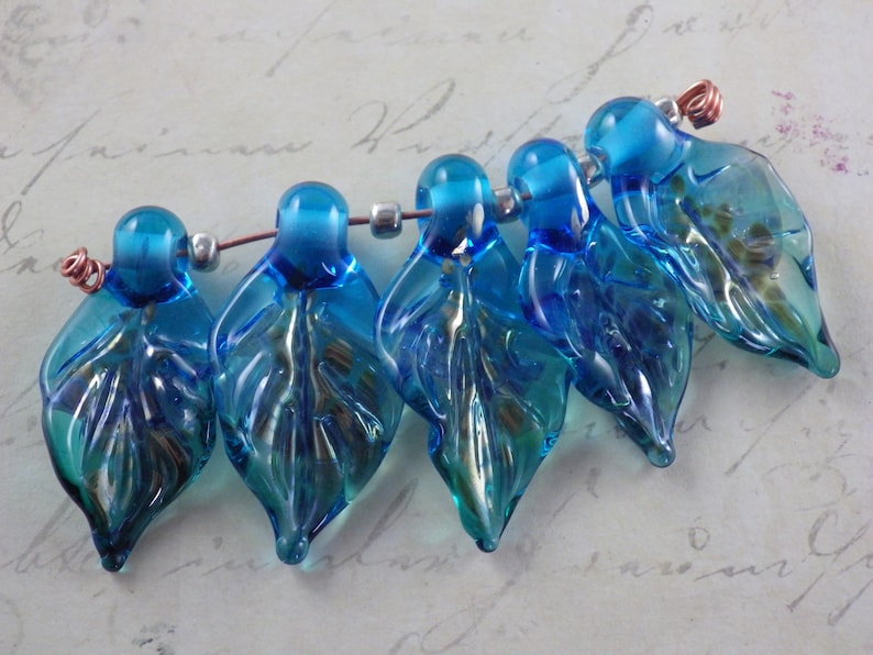 40x20mm Earring Charms 5 x Glass Leaves Artisan Leaf Pendants, Jewelry Making Supplies Lampwork Glass Leaves UK