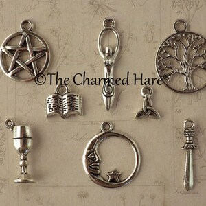 8 x Pagan Wiccan Witchy Charms Pendants, Mixed Silver Gothic Bracelet Earring Charms, Card Making Handfasting Crafts, Jewellery Making UK