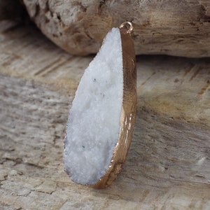 White Druzy Quartz Crystal Pendant 41x12mm, Raw Natural Gemstone Necklace, Loose Stone Focal Bead M3