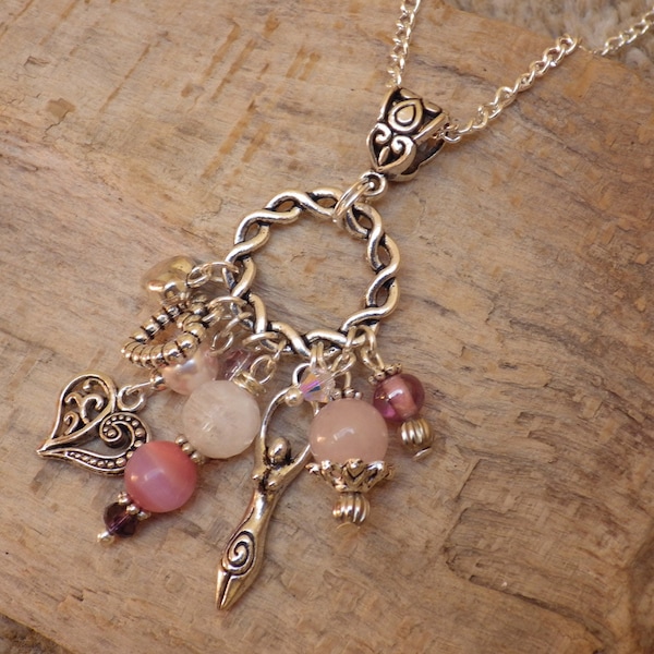 Celtic Love Goddess Aine Cluster Pendant, Talisman Charm Necklace, Fairycore Moonstone & Rose Quartz Wiccan Gemstone Jewellery
