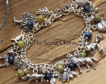 Spirits Of The Forest Pagan Silver Plated Charm Bracelet, Wiccan Gemstone Jewelry, Lapis Lazuli & Peridot, Hare Fox Wolf, Pagan Gift