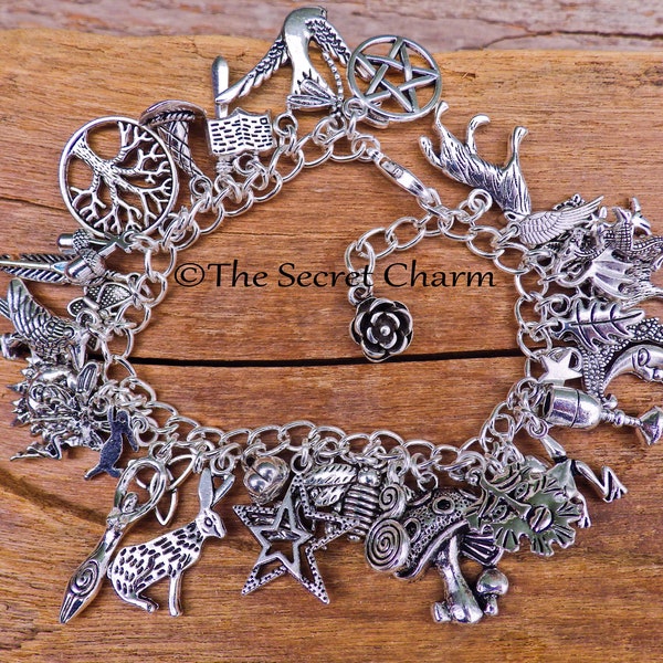 Pagan Wiccan Witch's Charm Bracelet, Loaded Bracelet, Goddess, Pentagram, Hare, Wolf, Witchy Gift, Silver Plated Pagan Jewellery