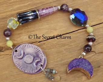 Hecate Pagan Prayer Beads, Handmade Wiccan Rosary Purple Amethyst & Labradorite, Affirmation Devotional Beads, Protection Talisman Amulet