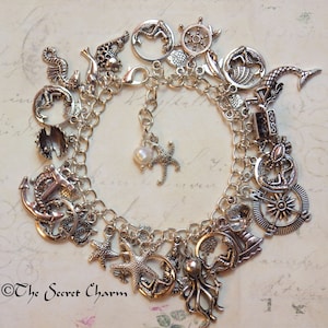 Mermaid Charm Bracelet, Sea Witch Loaded Bracelet, Sea Siren Fantasy Folklore, Silver Wiccan Jewellery, Wild Swimmers Gift Beach Lover