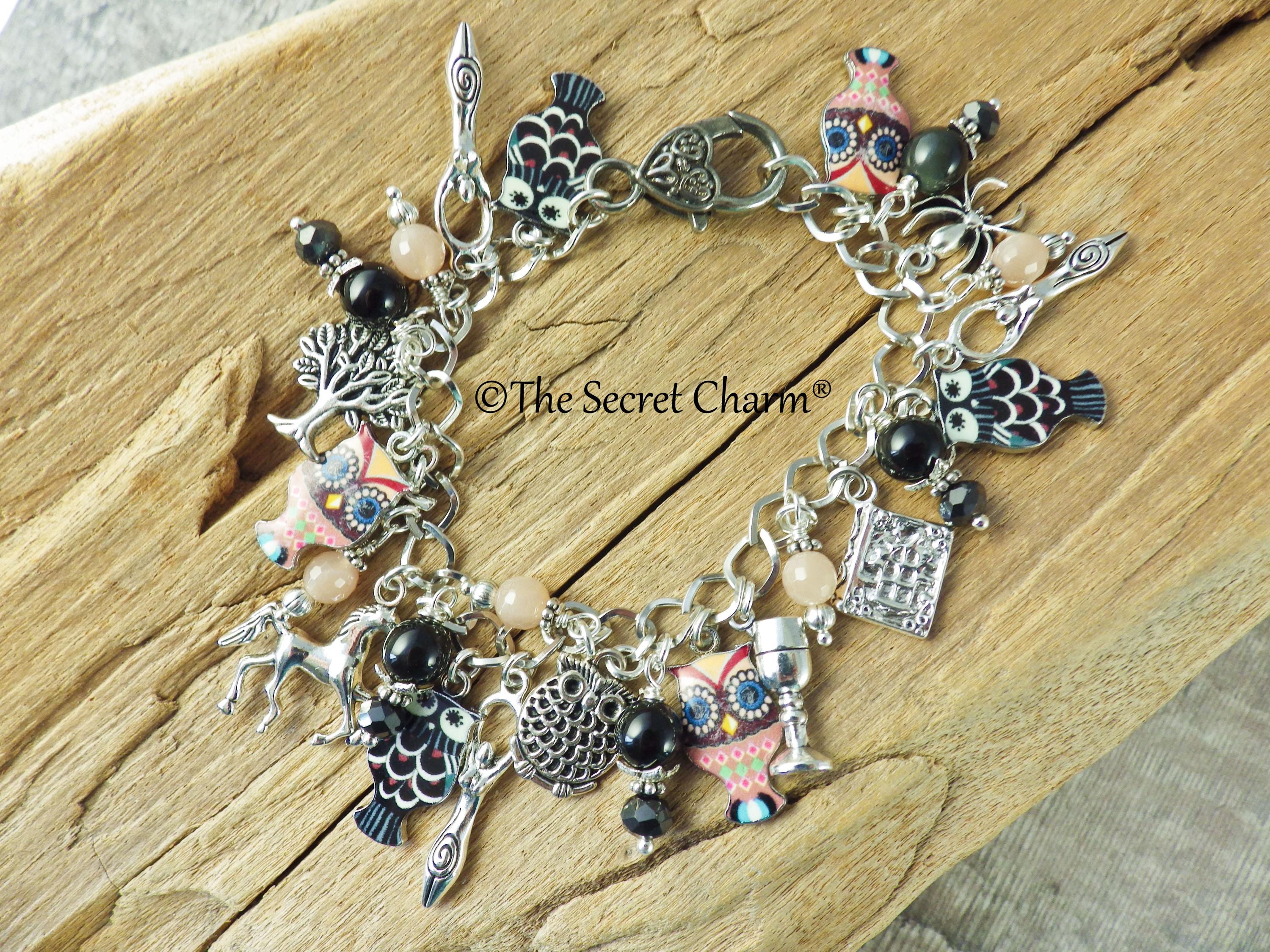 Owl Charm Bracelet, Greek Goddess Athena Loaded Gemstone Bracelet, Spiritual Gift, Handmade Silver P
