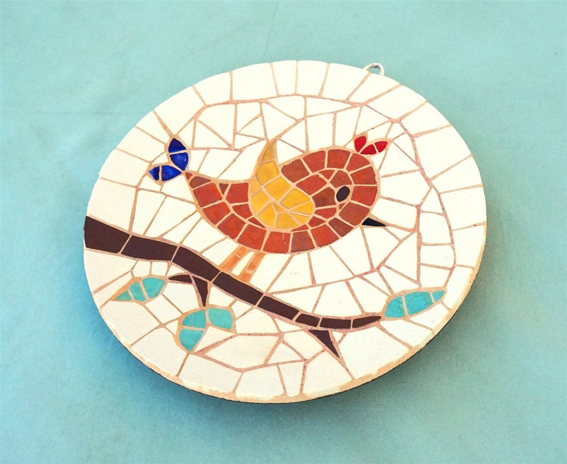 Round Mosaic Wall Hanging With Bird Figure Etsy