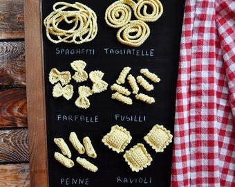 Set of crochet noodles, pasta, spaghetti, tagliatelle, farfalle, fusilli, penne, ravioli, pretend play food, Montessori, amigurumi, kitchen