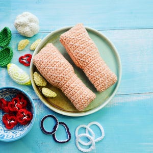 Comida de crochê - salmão assado, diversão na cozinha, Montessori, amigurumi, brinquedos macios, eco, presente