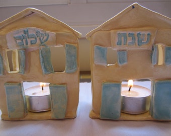 Ceramic Shabbat Shalom Houses for Tea Lights Candle Holders Holiday Gift