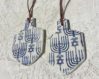 Blue and White Hanukkah Ceramic Dreidels Set of Two with Menorah Design Ornament Holiday Gift
