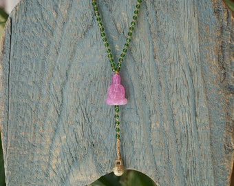 Collana rosario boho, ciondolo Buddha rosa, perline di cristallo, 43 cm