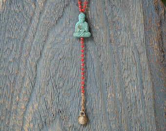 Collana con ciondolo Boho Buddha, perline di cristallo e campanella tibetana, gioielli in stile rosario spirituale