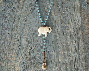 Bohemian rosary style elephant pendant necklace, Unique handmade necklace for women, Gift for her