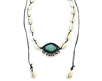 Macrame evil eye necklace with shells, Cowrie shell necklace, Bohemian necklace for women, Boho necklace, Gift for women, Unique gift