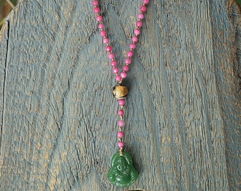 Boho Jade Buddha Pendant Necklace: Agate & Clay Beads, Spiritual Jewelry