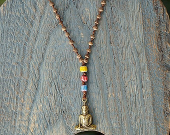 Handmade Brass Buddha Pendant Necklace: Boho Coconut Bead Jewelry