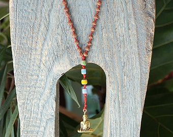 Handmade Brass Buddha Pendant Necklace: Rudraksha Boho Beads