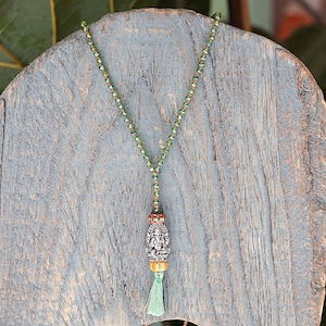 Silver Ganesh Pendant Necklace: Crystal Bead Boho Jewelry