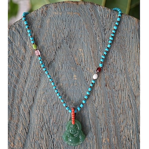 Carved Jade Buddha Pendant Necklace: Handmade Semiprecious Jewelry