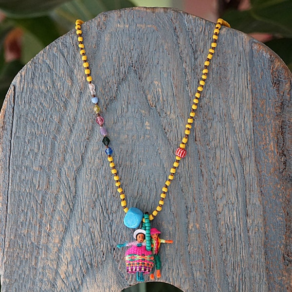 Worry doll pendant necklace , Unique handmade boho and hippie necklace, Gift for her