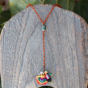 Rosary style necklace with worry doll, Unique gift for her