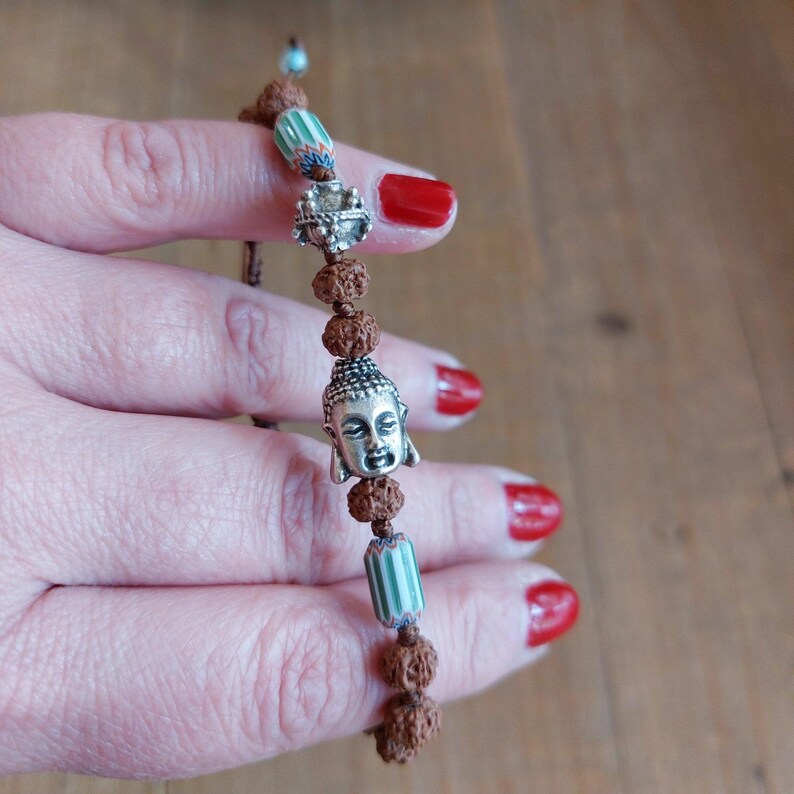 Spiritual Gift Bracelet Buddha Charm Design Handmade Beaded Jewelry Women Fashion Accessory Meditation Practice Aid Rudraksha Beads Combination Tibetan Style Elements Bohemian Look Creation Adjustable Size Comfort Unique Present Idea Yoga