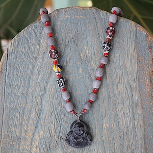Handmade Buddha Necklace – Graphite Pendant with Recycled African Glass Beads, Sustainable Boho Jewelry, Mindful Gift for Her Christmas gift