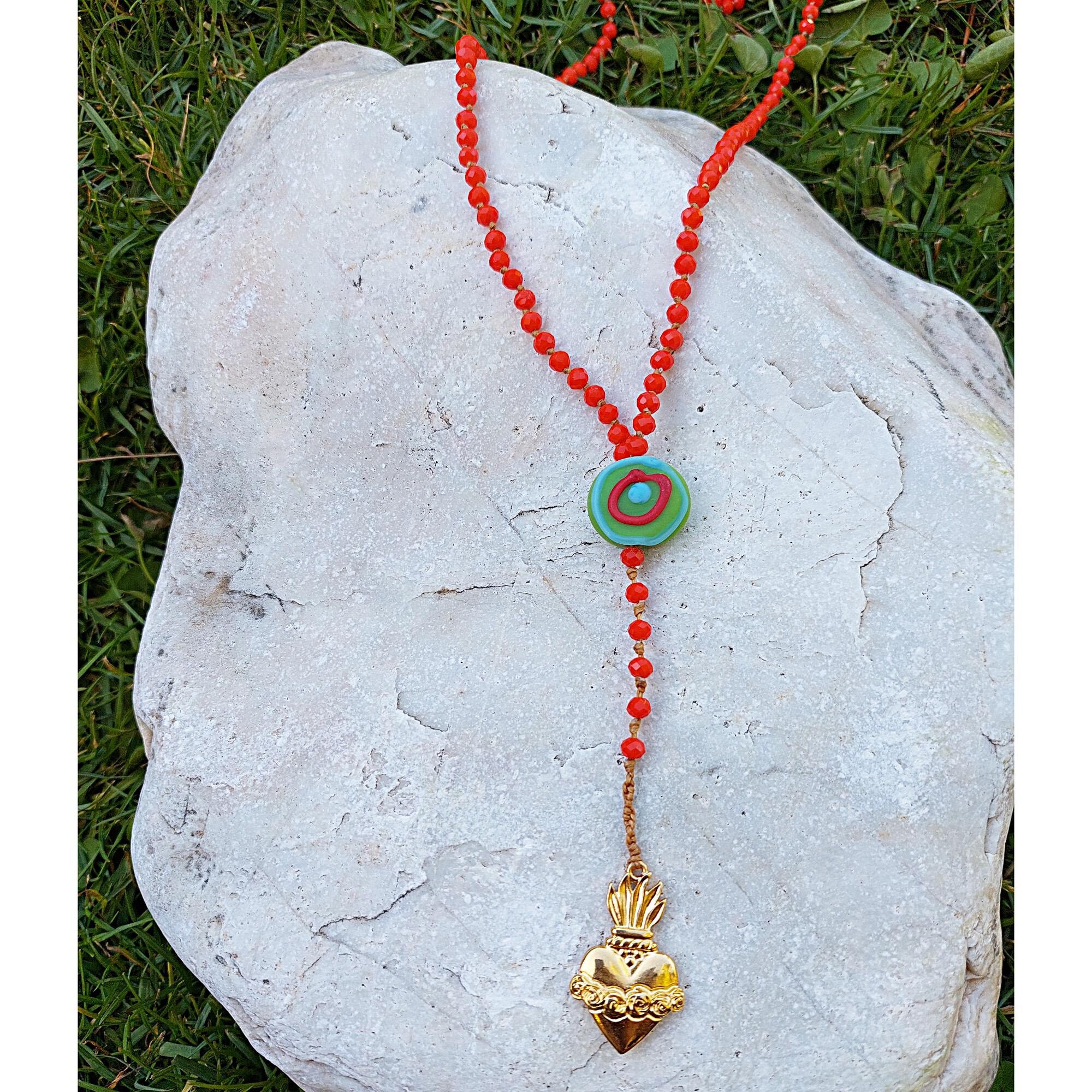 Rosary Style Boho Necklace: Crystal Beads, Ceramic Bead, Metal Element