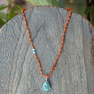 Turquoise Buddha Pendant Necklace - Carved Stone Boho Jewelry
