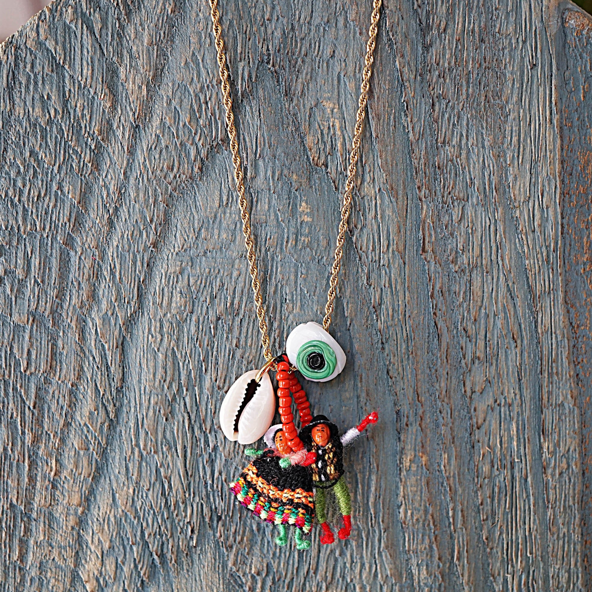 Worry Doll Stainless Steel Chain Necklace - Unique Boho Necklace, Ethnic Jewelry, Gift for Her, Hippie Style Birthday Gifts for Women