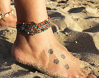 Bronze charms beaded anklet for women, Unique handmade gift for her, Hippie colorful summer anklet, Made in Greece