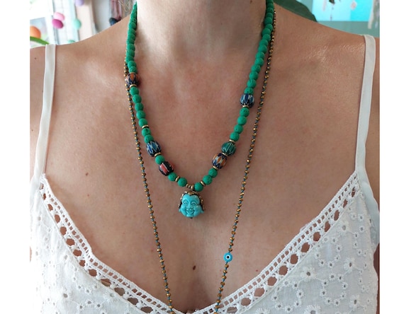 Collier à pendentif népalais avec perles de pierre larvikite terreuse et grande amulette de protection avec symbole ohm Om de yoga bouddhiste spirituel - France